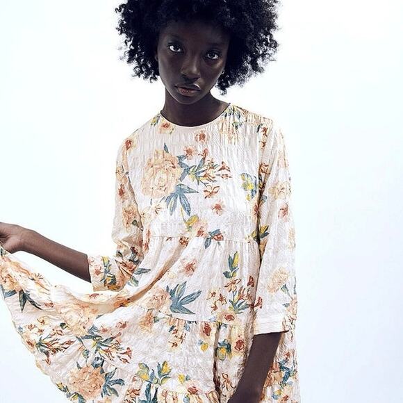 Zara Multicolor Floral Textured 3/4 Sleeve Tiered Flounce Hem Mini Shift Dress M - Picture 9 of 16